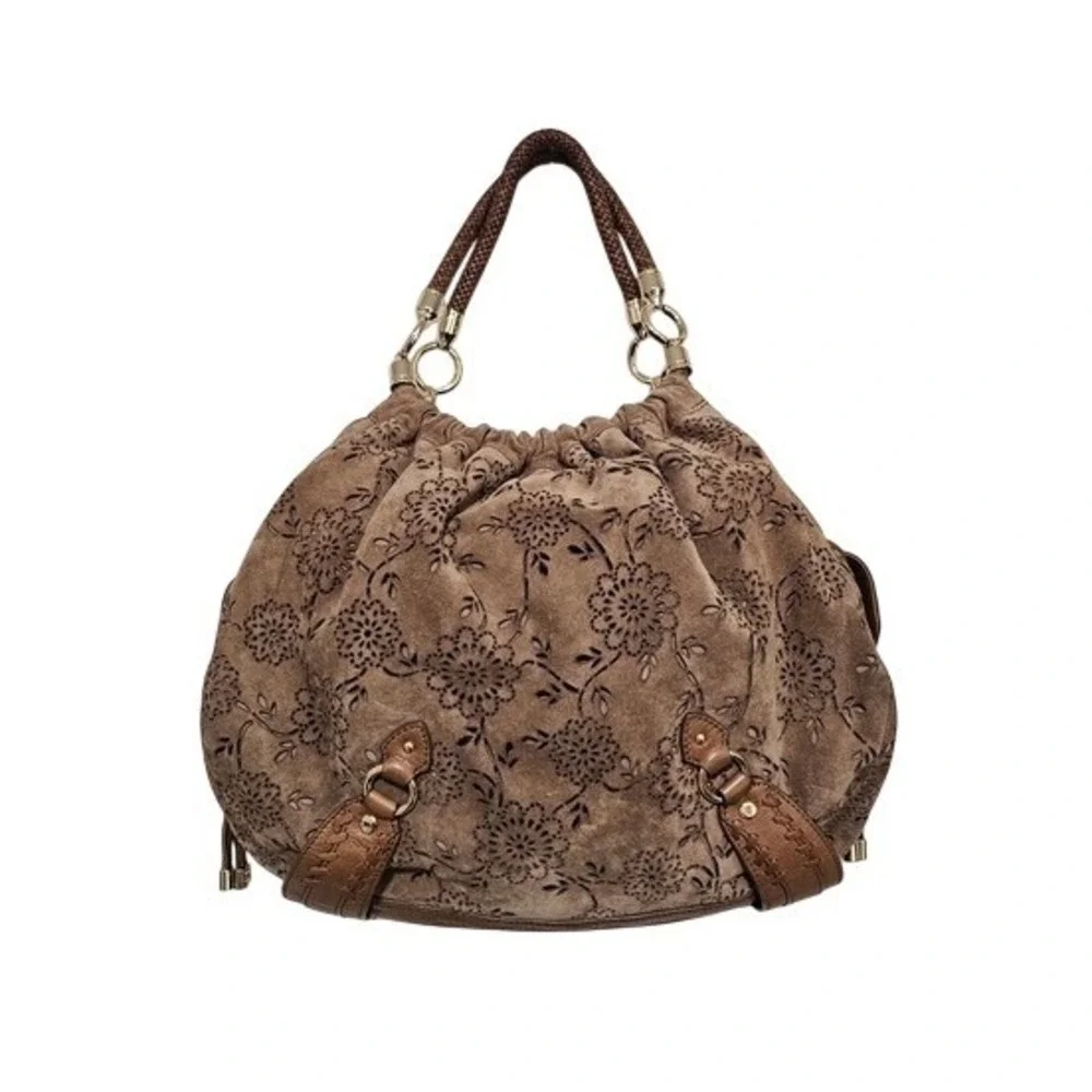 Cole Haan Brown Floral Embossed Suede Hobo Bag
